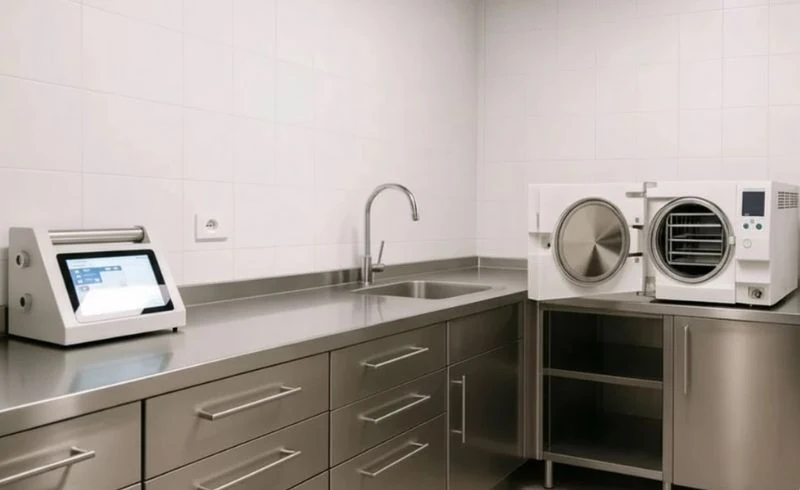 Sala de esterilización moderna en clínica dental con equipos profesionales